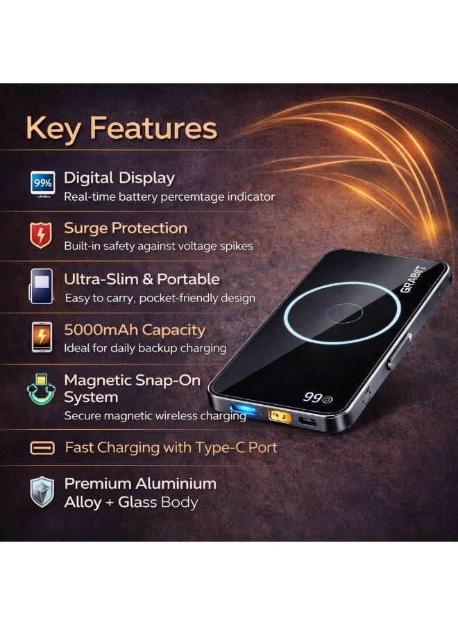 GRABIT GMAG-50 5000mAh Magnetic Power Bank (Black) with Digital Display, Type-C Fast Charging, Aluminium Alloy + Glass Body - Image 2